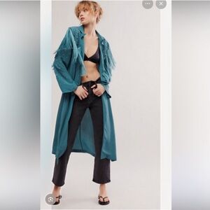 Understated Leather Teal Fringe Duster Coat